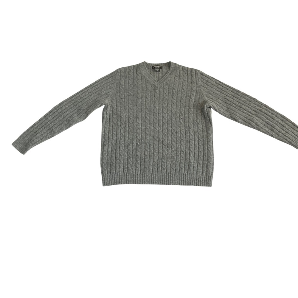 Eddie Bauer Sweater Mens M Gray Lambswool Cable Knit V-Neck Pullover